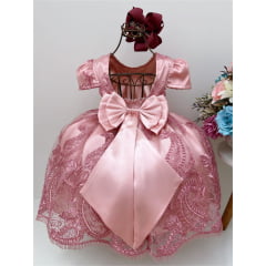 Vestido Infantil Realeza Rosê Com Renda de Luxo