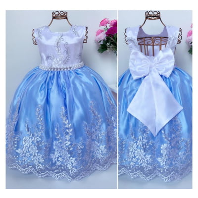Vestido Infantil Realeza Saia Azul Peito Branco Renda Luxo