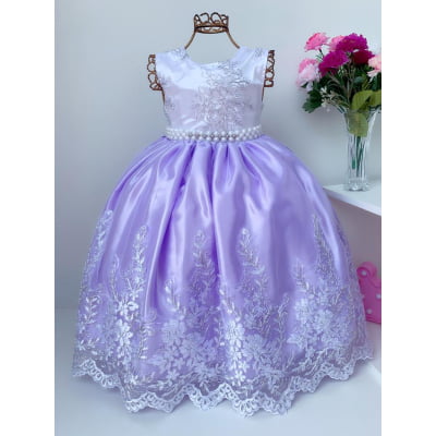 Vestido Infantil Realeza Saia Lilás Peito Branco Renda Luxo