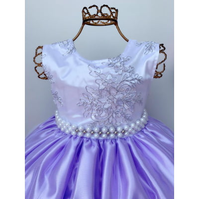 Vestido Infantil Realeza Saia Lilás Peito Branco Renda Luxo
