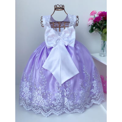 Vestido Infantil Realeza Saia Lilás Peito Branco Renda Luxo