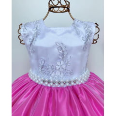 Vestido Infantil Realeza Saia Pink Peito Branco Renda Luxo