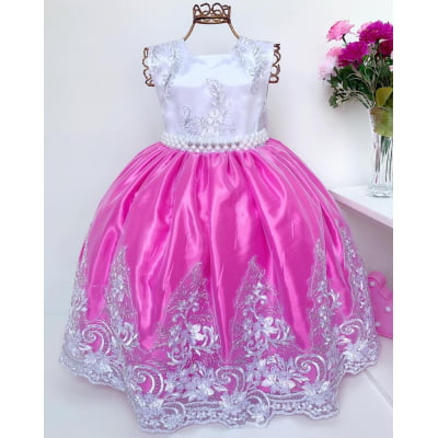 Vestido Infantil Realeza Saia Pink Peito Branco Renda Luxo