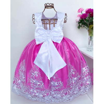 Vestido Infantil Realeza Saia Pink Peito Branco Renda Luxo