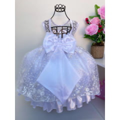 Vestido Infantil Renda Branca Luxo Daminhas Cinto Pérolas