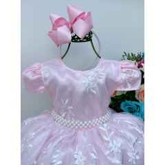 Vestido Infantil Rosa Bebê Renda Branca Realeza C/ Pérolas