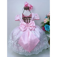 Vestido Infantil Rosa Bebê Renda Branca Realeza C/ Pérolas