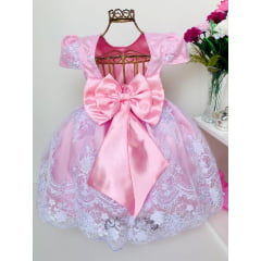 Vestido Infantil Rosa Bebê Renda Branca Realeza Pérolas Luxo