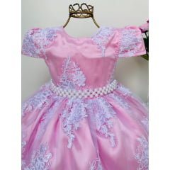 Vestido Infantil Rosa Bebê Renda Branca Realeza Pérolas Luxo