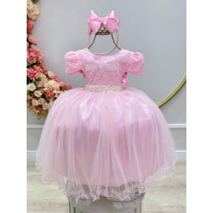 Vestido Infantil Rosa Bebê Tule C/ Renda Luxo Casamento