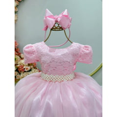 Vestido Infantil Rosa Bebê Tule C/ Renda Luxo Casamento