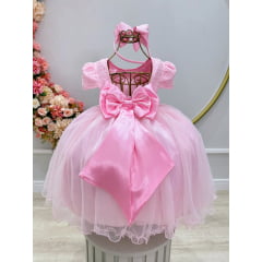 Vestido Infantil Rosa Bebê Tule C/ Renda Luxo Casamento