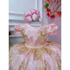 Vestido Infantil Rosa C/ Renda Realeza e Cinto de Pérolas