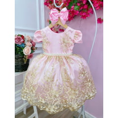 Vestido Infantil Rosa C/ Renda Realeza e Cinto de Pérolas