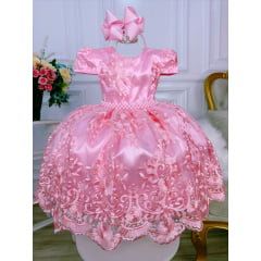 Vestido Infantil Rosa C/ Renda Realeza e Pérolas