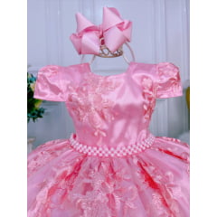 Vestido Infantil Rosa C/ Renda Realeza e Pérolas