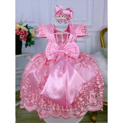 Vestido Infantil Rosa C/ Renda Realeza e Pérolas