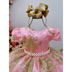 Vestido Infantil Rosa C/ Renda Realeza Metalizada Daminha