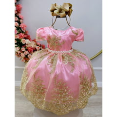Vestido Infantil Rosa C/ Renda Realeza Metalizada Daminha