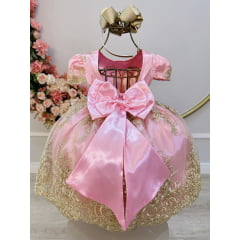 Vestido Infantil Rosa C/ Renda Realeza Metalizada Daminha