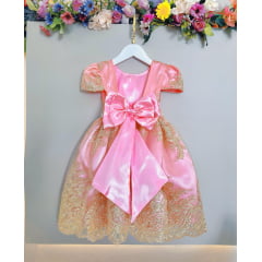 Vestido Infantil Rosa C/ Renda Realeza Metalizada Daminha