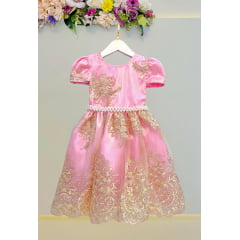 Vestido Infantil Rosa C/ Renda Realeza Metalizada Daminha