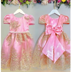 Vestido Infantil Rosa C/ Renda Realeza Metalizada Daminha