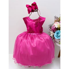 Vestido Infantil Rosa Chiclete Renda Cinto Strass Brilho