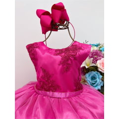 Vestido Infantil Rosa Chiclete Renda Cinto Strass Brilho