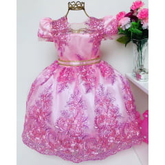 Vestido Infantil Rosa Chiclete Renda Luxo Cinto Strass