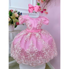Vestido Infantil Rosa Com Renda Realeza e Cinto de Pérolas