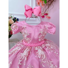 Vestido Infantil Rosa Com Renda Realeza e Cinto de Pérolas