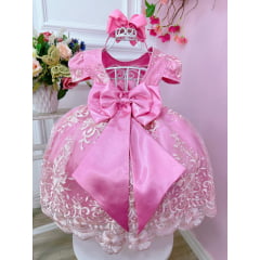 Vestido Infantil Rosa Com Renda Realeza e Cinto de Pérolas