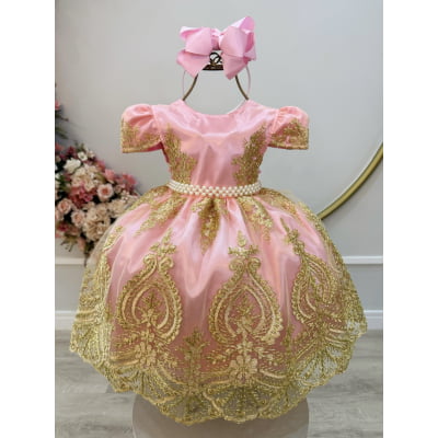 Vestido Infantil Rosa Com Renda Realeza Metalizada Daminhas