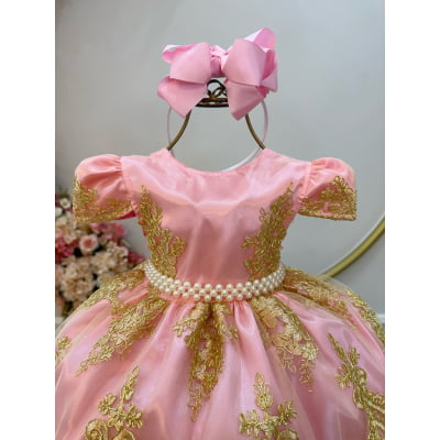 Vestido Infantil Rosa Com Renda Realeza Metalizada Daminhas
