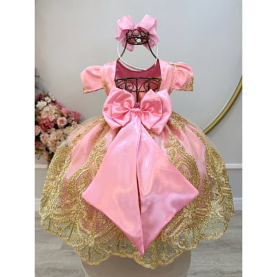Vestido Infantil Rosa Com Renda Realeza Metalizada Daminhas