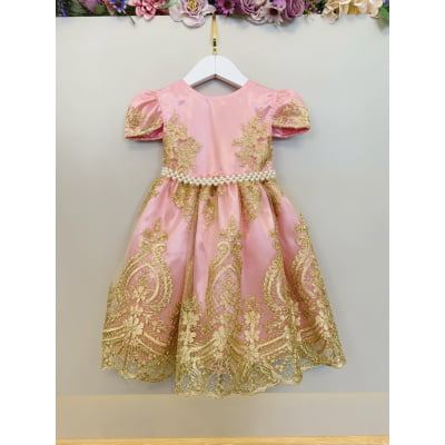 Vestido Infantil Rosa Com Renda Realeza Metalizada Daminhas