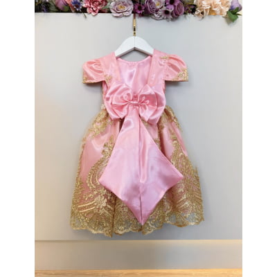 Vestido Infantil Rosa Com Renda Realeza Metalizada Daminhas