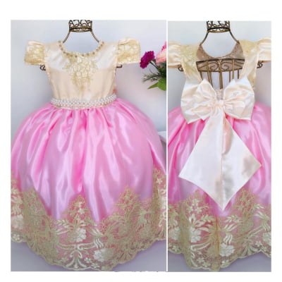Vestido Infantil Rosa e Marfim Rendado Longos Damas