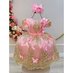Vestido Infantil Rosa Jardim Encantado Com Renda Realeza