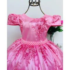 Vestido Infantil Rosa Princesa Luxo Renda Cinto Pérolas