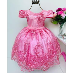 Vestido Infantil Rosa Princesa Luxo Renda Cinto Pérolas