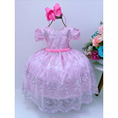 Vestido Infantil Rosa Realeza C/ Renda Luxo Cinto de Pérolas