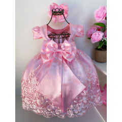 Vestido Infantil Rosa Realeza Rendado Luxo Princesas