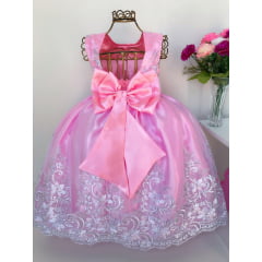 Vestido Infantil Rosa Renda Branca Realeza Luxo Longo