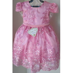Vestido Infantil Rosa Renda Brilho Realeza Luxo Festa