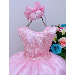 Vestido Infantil Rosa Renda Busto Cinto Strass Luxo
