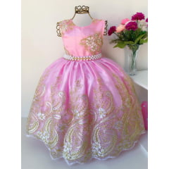Vestido Infantil Rosa Renda Dourada Realeza Luxo Longo