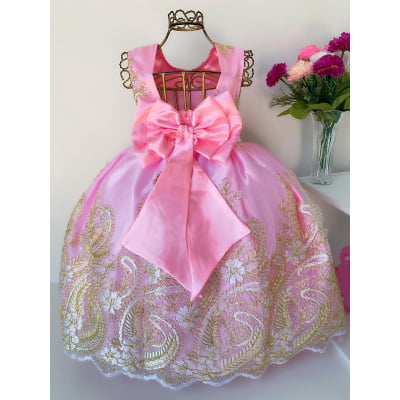 Vestido Infantil Rosa Renda Dourada Realeza Luxo Longo