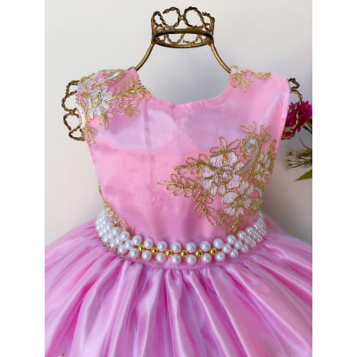 Vestido Infantil Rosa Renda Dourada Realeza Luxo Longo